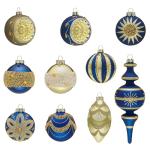 Midcentury-Style Blue and Gold Glass Christmas Ornament Set, 10ct