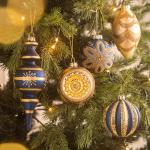 Midcentury-Style Blue and Gold Glass Christmas Ornament Set, 10ct