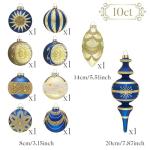 Midcentury-Style Blue and Gold Glass Christmas Ornament Set, 10ct