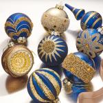 Midcentury-Style Blue and Gold Glass Christmas Ornament Set, 10ct