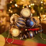 Midcentury-Style Blue and Gold Glass Christmas Ornament Set, 10ct