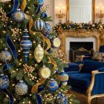 Midcentury-Style Blue and Gold Glass Christmas Ornament Set, 10ct