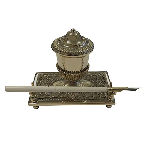 Brass Inkwell Pen Holder with Bone Nib