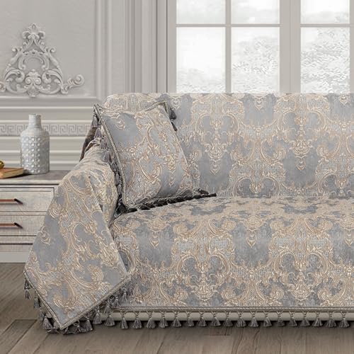 Elegant Damask Chenille Sofa Cover with Tassels 