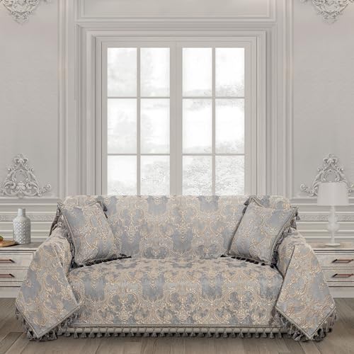 Elegant Damask Chenille Sofa Cover with Tassels 