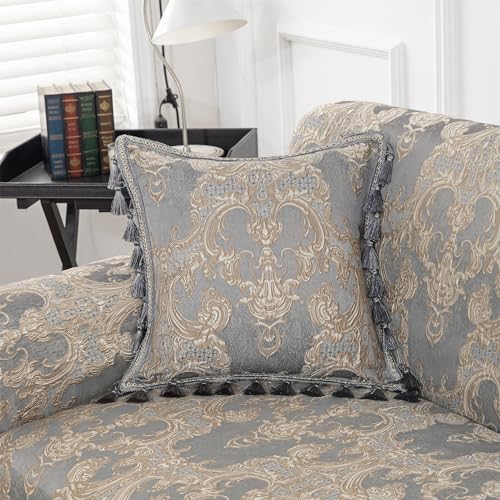 Elegant Damask Chenille Sofa Cover with Tassels 
