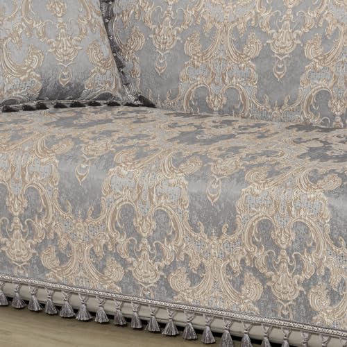 Elegant Damask Chenille Sofa Cover with Tassels 
