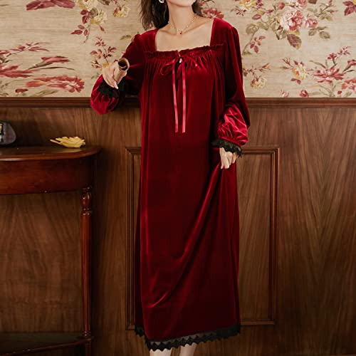 Burgandy Velvet Lace Nightgown Tea Length 