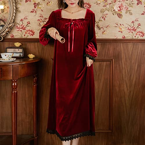 Burgandy Velvet Lace Nightgown Tea Length 