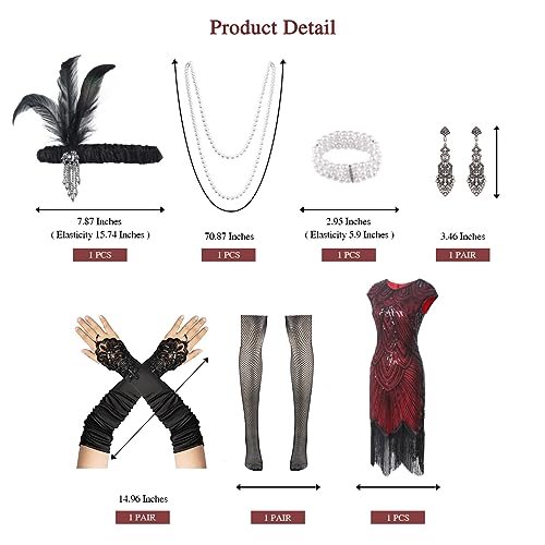 1920s Flapper Dress with Accessories Set - Red