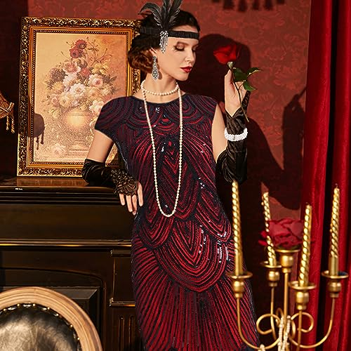 1920s Flapper Dress with Accessories Set - Red