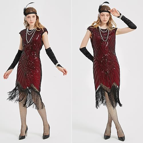 1920s Flapper Dress with Accessories Set - Red