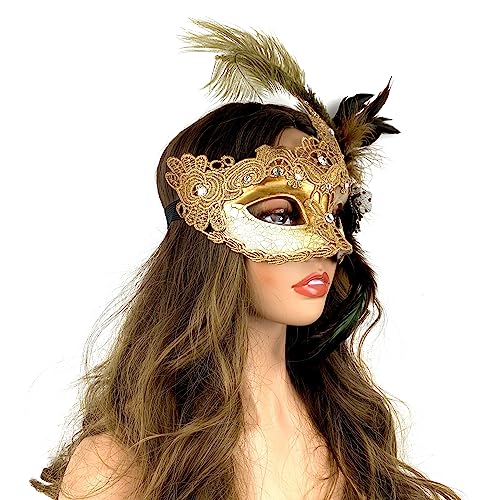 Elegant Gold Feather Venetian Masquerade Mask