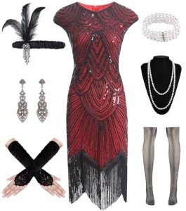 1920s Flapper Dress with Accessories Set - Red