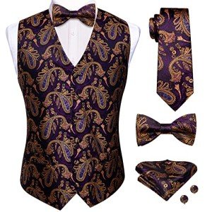 Elegant Purple Gold Mens Suit Vest and Bowtie Set