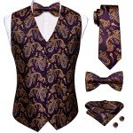 Elegant Purple Gold Mens Suit Vest and Bowtie Set