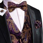 Elegant Purple Gold Mens Suit Vest and Bowtie Set