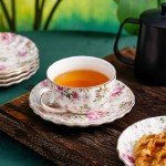 Floral Gold-Trimmed Porcelain Tea Cup Set