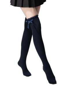 Navy Thigh High Stockings with Satin Bows