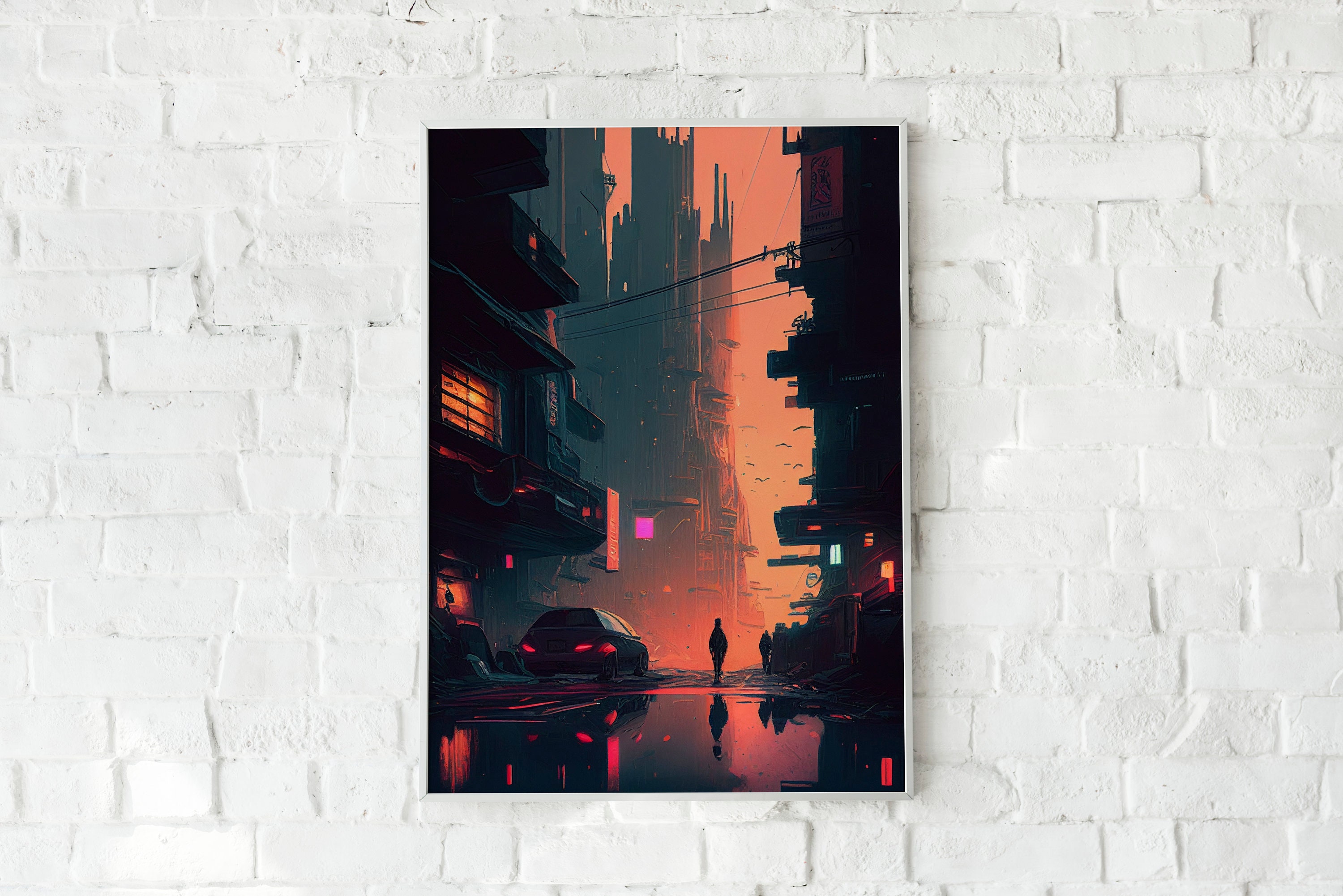 Digital Cyberpunk City Neon Poster Print