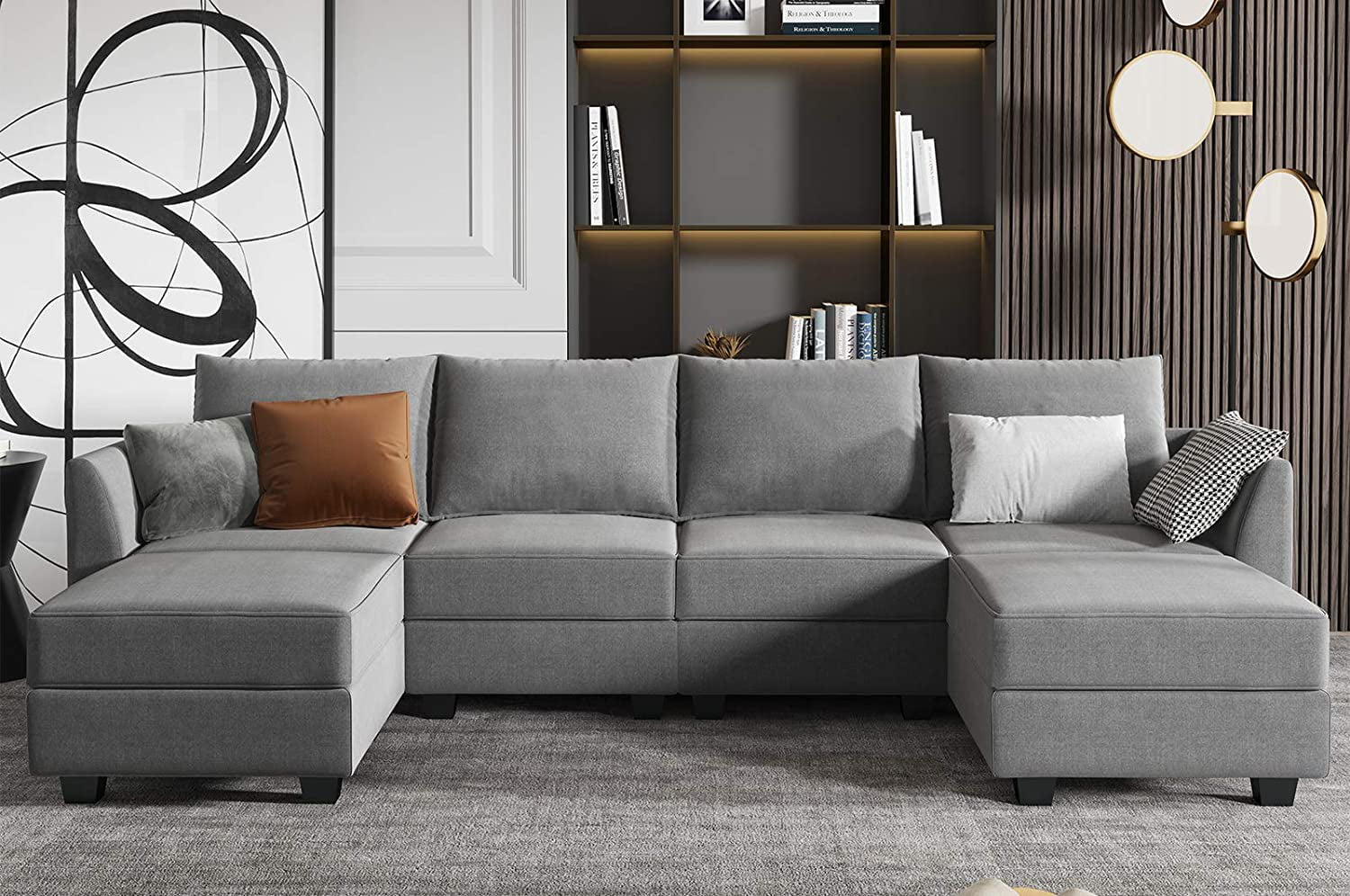 Gray U-Shaped Sectional Sofa with Ottomans