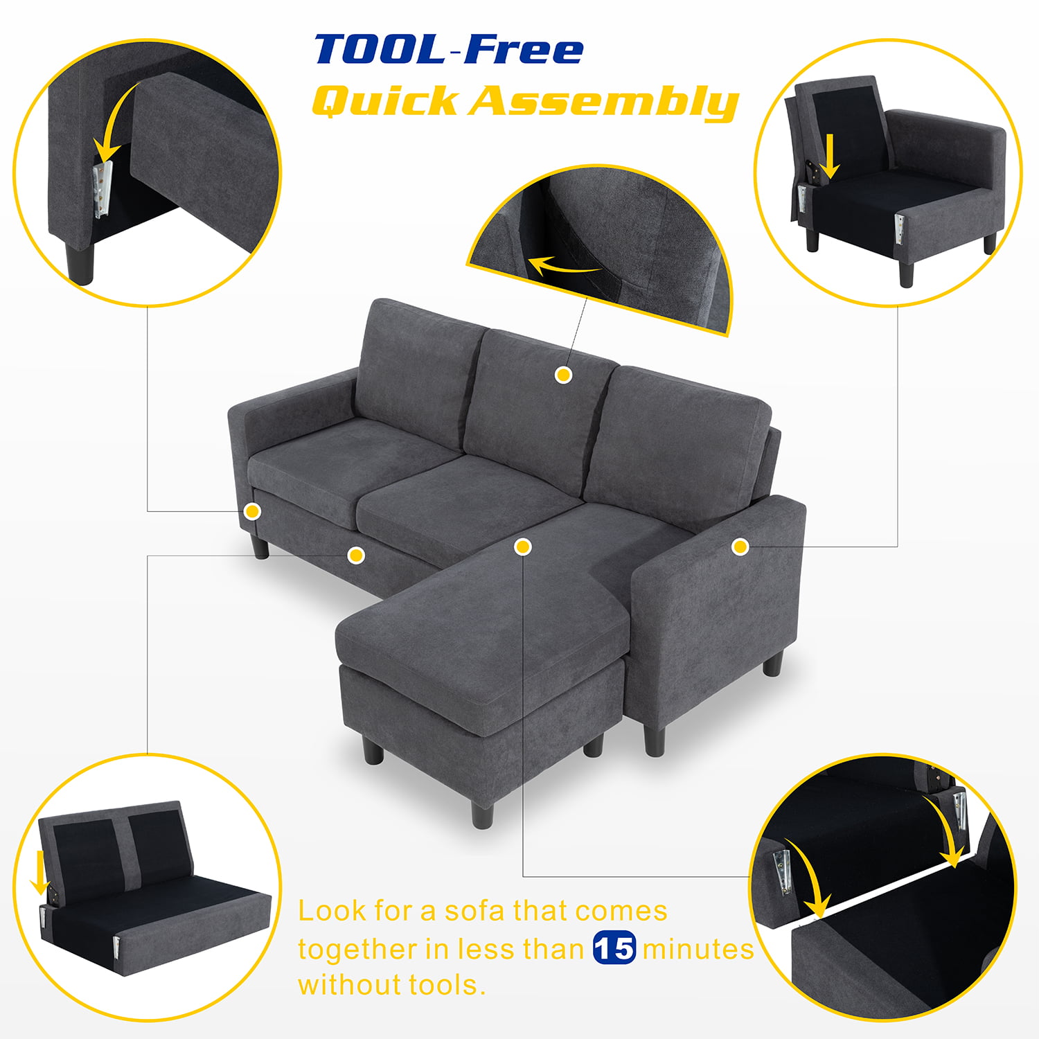 Modern Dark Gray Convertible Sectional Sofa