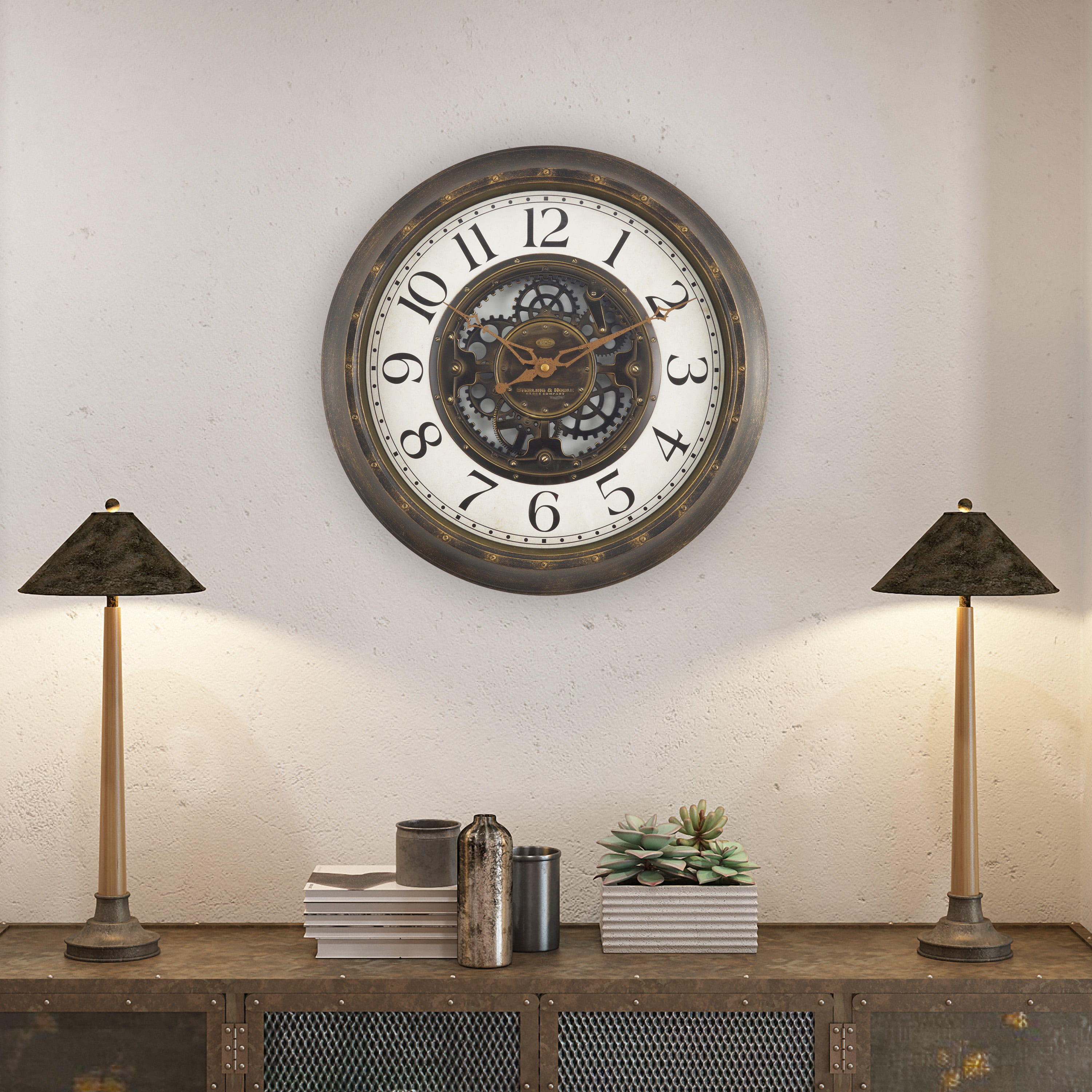 Industrial Gear Wall Clock in Aged Bronze