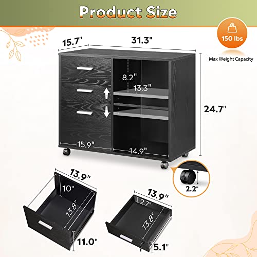 Black 3-drawer mobile file cabinet with shelves