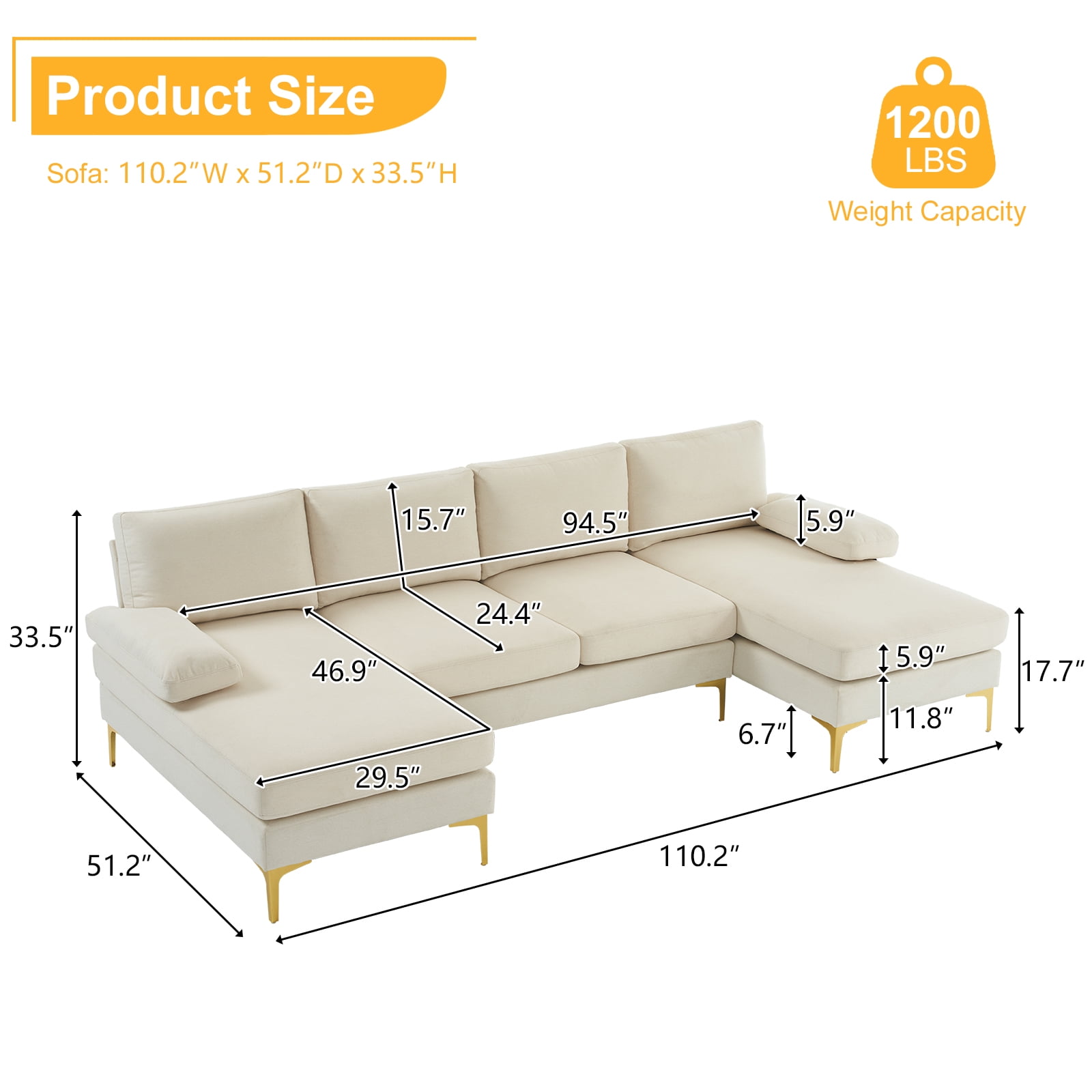 Beige U-Shaped Sectional Sofa with Reversible Chaise