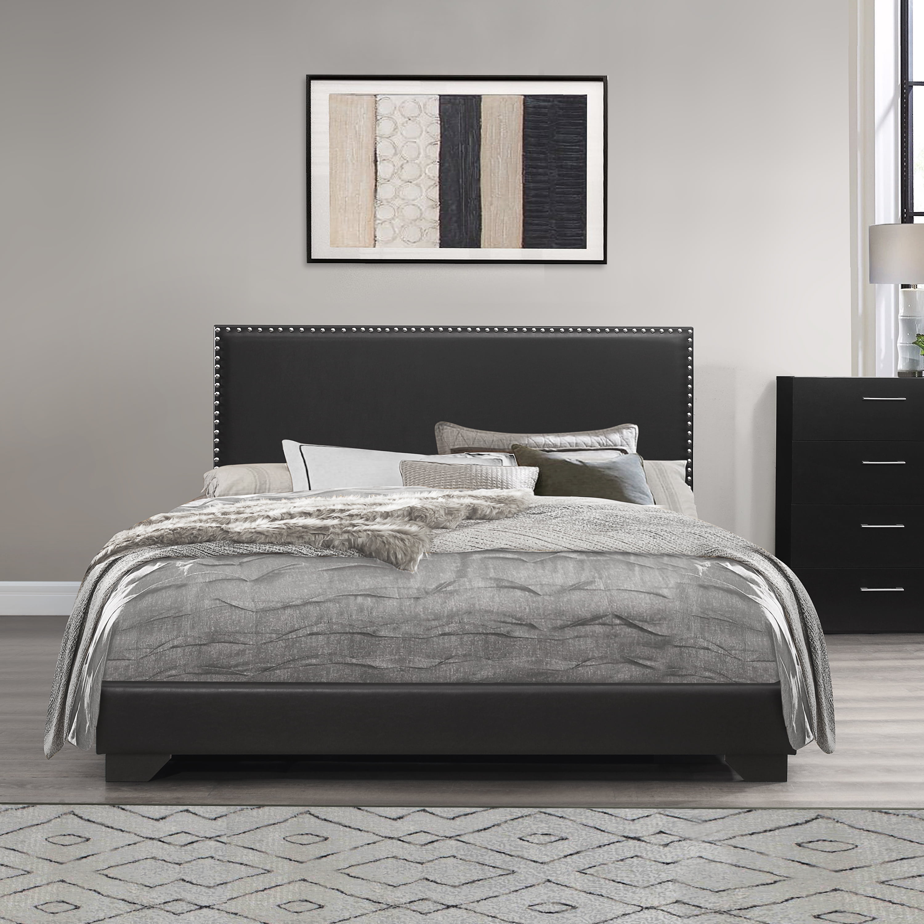 Black Faux Leather Upholstered Queen Bed with Nailhead Trim