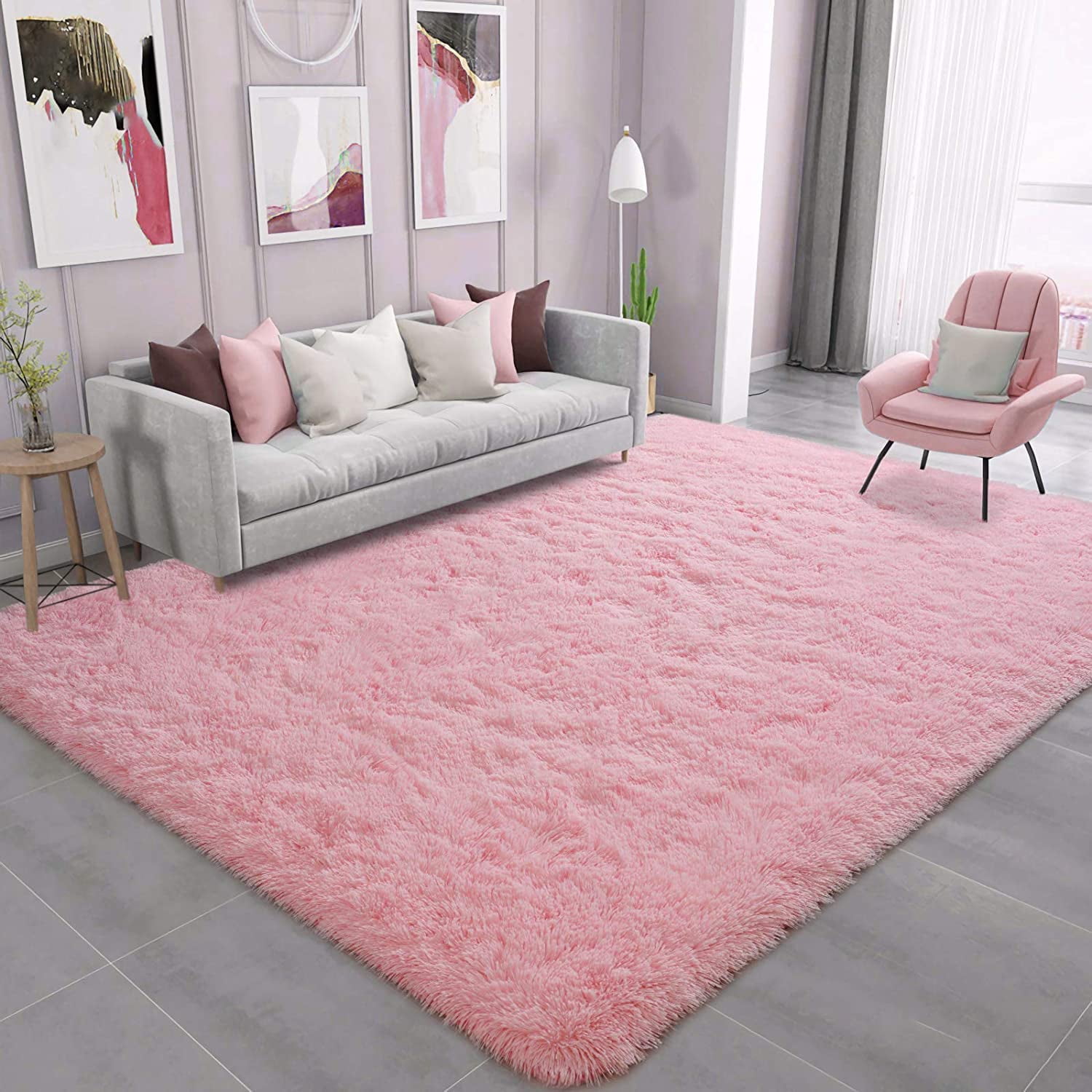 Pink Shaggy Rug for Living Room, Bedroom (5x8ft)