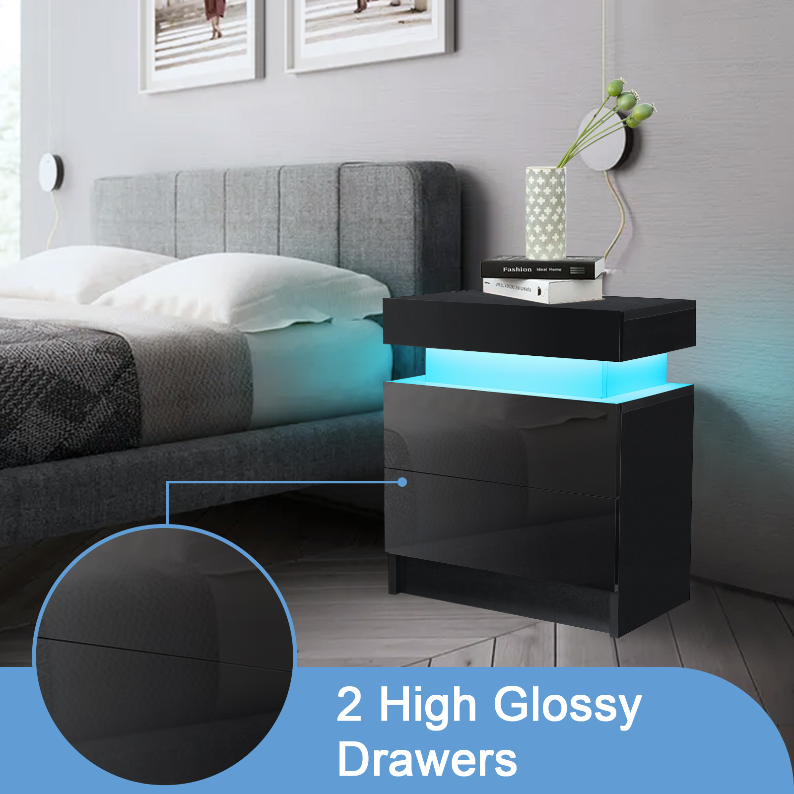 LED Bedside Table with Drawer - Black Gloss Finish
