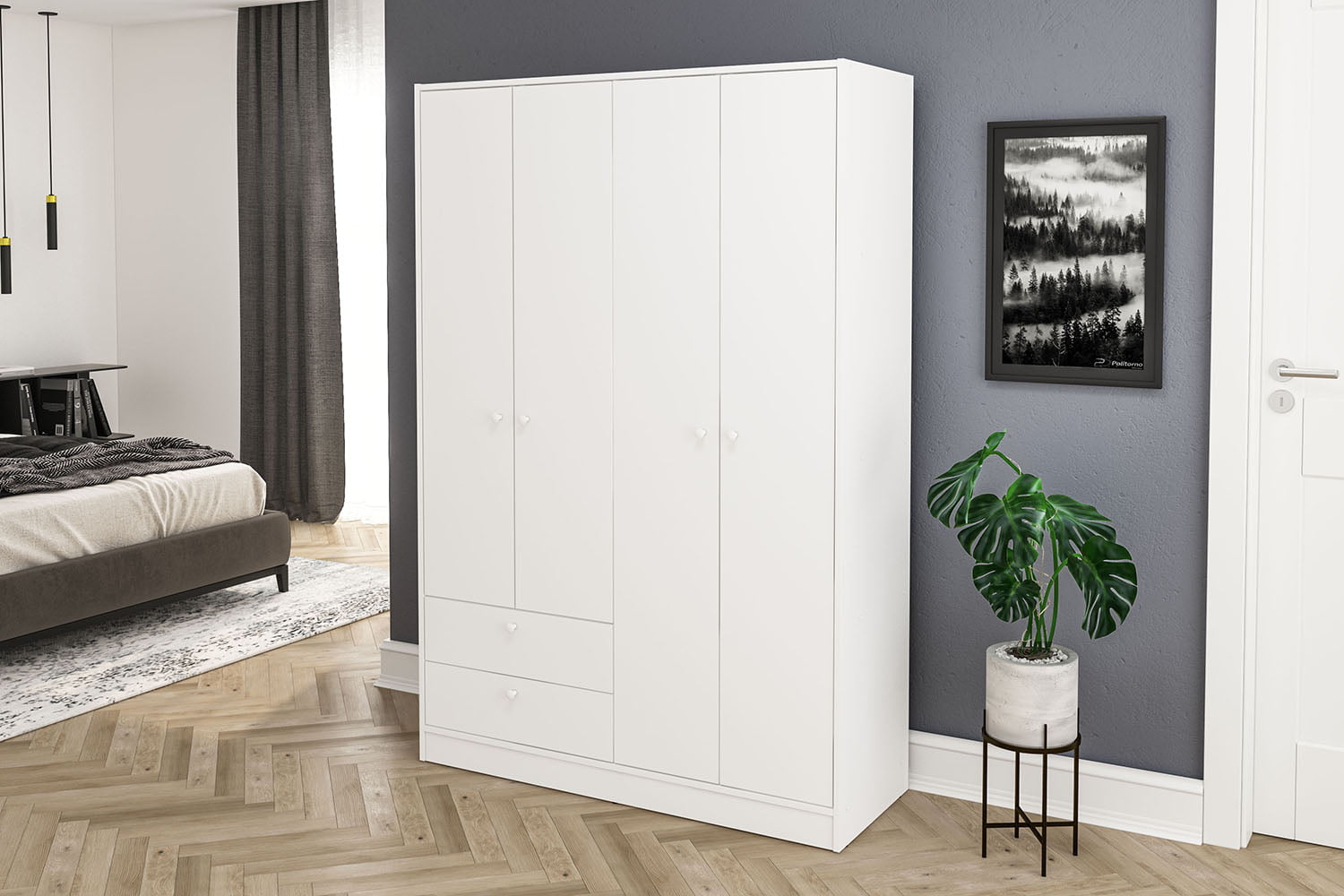 Polifurniture Denmark 4 Door Bedroom Armoire with Drawers, White