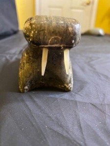 Vintage Eskimo Soapstone Walrus Sculpture with Ivory Tusk
