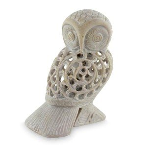 NOVICA Handmade Soapstone Sculpture Artisan Indian Jali Beige Animal Themed Good Fortune Bird [4.9in H x 3.2in W x 2.8in D] 'Mother Owl'