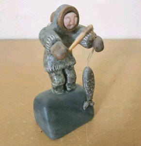 Inuit Soapstone Fisherman & Child Carving