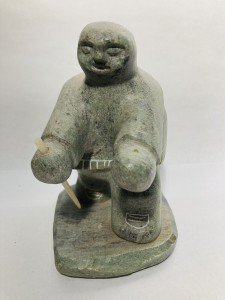 Signed Inuit Soapstone Seal Hunter Carving 5”