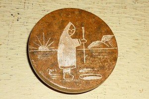Inuit Ice Fishing Soapstone Box Etching