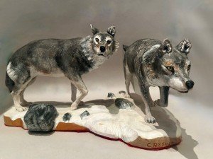 Hand-Carved Painted Wolf Sculpture - 16
