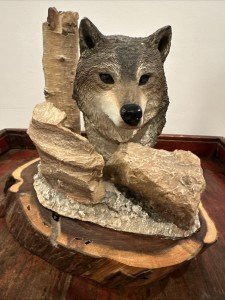 Wolf Sculpture on Wooden Base - 1993 Vintage