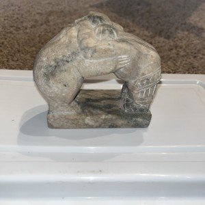 Inuit Soapstone Carving: Eskimo with Bear 4”