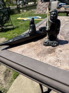 Inuit Soapstone Kayak Hunting Eskimo Sculptures Pair