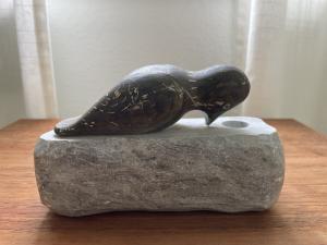 Signed "DIMU" Inuit Soapstone Woodpecker Carving