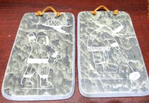 Inuit Soapstone Carved Eskimo Ice Fishing Plaques