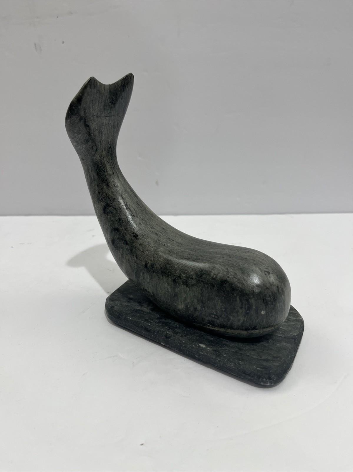 Large Signed Inuit Soapstone Whale Carving