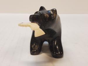 Soapstone Polar Bear with Fish Sculpture