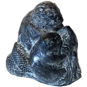 Soapstone Beaver and Baby Tree Stump Carving