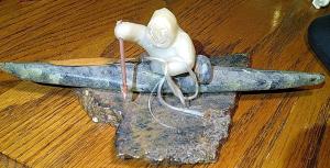 Alaskan Inuit Soapstone Kayak and Hunter Carving