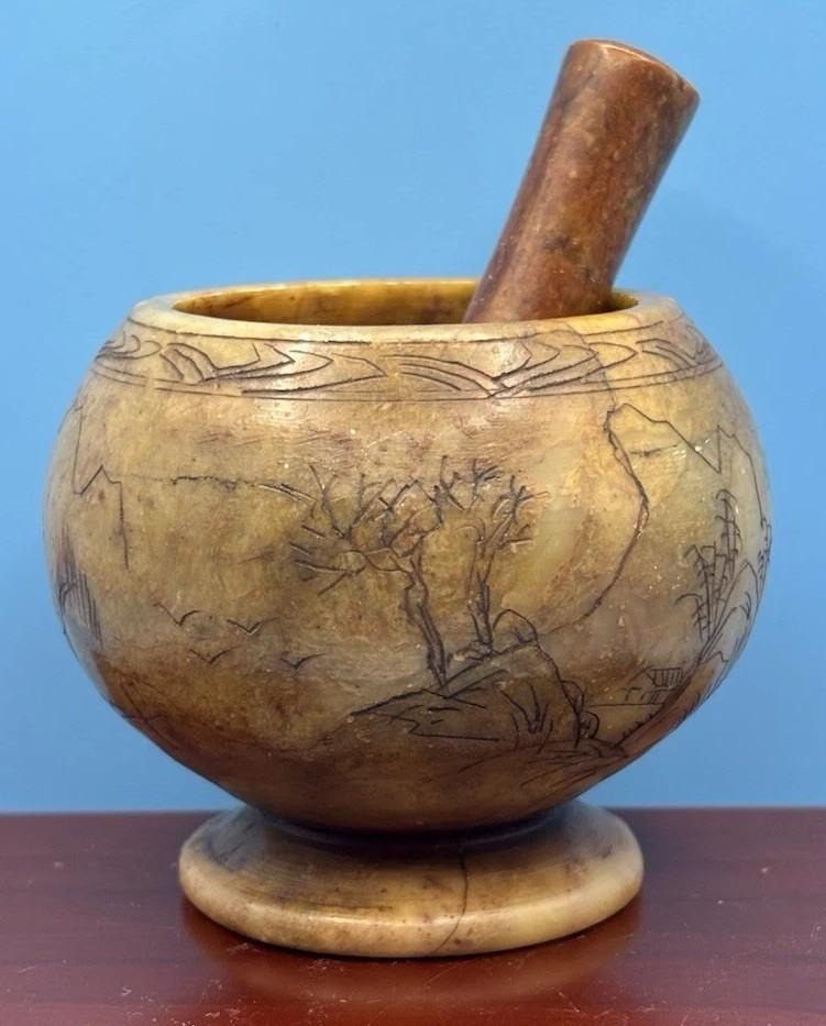 Vintage Soapstone Mortar & Pestle with Landscape Design