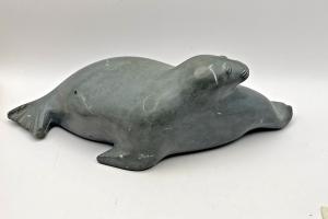 Inuit Soapstone Walrus Carving, Vintage 10” Long